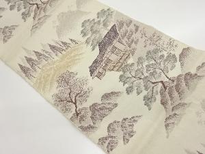 手織り紬山々・木々・民家模様織出し名古屋帯